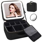 RRtide Makeup Bag with Mirror of LED Lighted, Travel Makeup Train Case Cosmetic Bag Organizer with Adjustable Dividers, Makeup Case with Mirror and Detachable 10x Magnifying Mirror, Black, Integrated