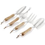 Kingswood Green 4Pcs Garden Tool Gift Set with Ash Wooden Handles, Trowel, Hand Transplanter, Weeder & Fork, made with Stainless Steel