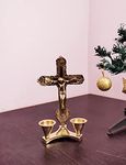 Blissful Decor Presents Brass Statue of Jesus Christ On Cross with 2 Candle Holder Stand for Worship, Home, Office Decor for Christmas