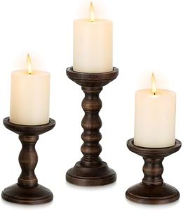 Romadedi Wood Candle Holders for Pillar - Set of 3 Tall Rustic Vintage Wooden Candlestick Holder, Farmhouse Candle Stand for Fireplace Mantle Shelf Table Retro Home Decor, Dark Brown, 3.9"/6"/ 8.3"