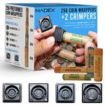 Nadex 256 Assorted Preformed Crimped End Coin Roll Wrappers with Coin Wrapper Crimping Tool, 64 Each of Nickels, Dimes, Pennies and Quarters