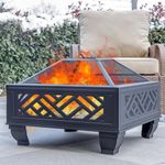 MistMo 26" Steel Square Fire Pit with Grill & Poker, Outdoor Fireplace with Mesh Cover for Patio, Backyard & Garden, Ideal