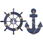 Meching Nautical Beach Wooden Ship Wheel and 13" Wood Anchor with Rope Boat Steering Rudder Wall Decor Door Hanging Ornament Beach Theme Home Decoration (grey, 2 Pack 11" )