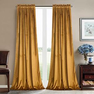 Roslynwood Mustard Velvet Curtains for Bedroom, Black Room Darkening Thermal Insulated Window Curtain Drapes for Living Room/Office/Apartment/Bathroom, W52 x L96, 2 Panels/Rod Pocket