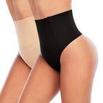 Werkiss Shapewear Thong for Women Tummy Control Knickers High Waisted Thongs Slimming Body Shaper Shaping Underwear(#1 Black+beige-mid Waisted, L)