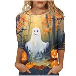 Warehouse Deals Today 2024 Halloween Shirts for Women UK Casual 3/4 Sleeve Crewneck Tunic Tops Funny Ghost Pumpkin Witch Black Cat Graphic Blouse Fall Dressy Comfy Lightweight Tee Shirts