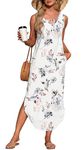 MISFAY Women's Summer Maxi Dress Sleeveless Casual Loose Long Beach Split Dresses with Pockets,Floral White,S