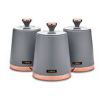 Tower T826131GRY Cavaletto Set of 3 Storage Canisters for Tea/Coffee/Sugar, Steel, Grey and Rose Gold