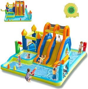 HIJOFUN Blow Up Water Slides Two Long Slides Jumping Bouncy Castle for Kids Outdoor Inflatable Bounce House with 680W Blower for Kids Backyard