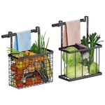 2 Pack Over Cabinet Door Grid Basket, Over Cabinet Door Organizer with Towel Bars, Wall Mount Cabinet Storage Basket, Kitchen Cutting Board Organizer Basket for Cupboard, Fruit, Vegetable