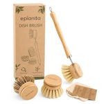 eplanita Natural Dish Brush, 3 Replacement Heads, Kitchen Eco Bamboo Scrubber Brushes, Extra Plant Sponge, Plastic Free Washing Up, Zero Waste Cleaning