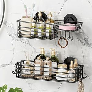 TAILI Shower Caddy Suction Cup 2 Pack with Hooks & Soap holder, Heavy Duty Bathroom Shower Organizer, No Drilling Shower Shelves for Inside Shower, Stainless Steel Black shower holder organizer