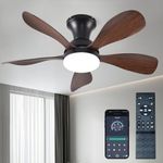 FUMLTP 33In Low Profile Ceiling Fans with Lights and Remote/APP Control, Modern Flush Mount Ceiling Fan with 5 Reversible Blades 3 Colors Dimmable for Outdoor Patio,Small Room,Bedroom(Black+Brown)