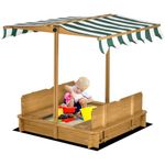 Outsunny Kids Wooden Sand Pit with Lids Children Sandbox Height Adjustable Canopy for Garden, Convertible Bench Seat Outdoor Backyard Playset, Green and White Canopy