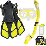 Aisrida Kids Snorkeling Set Children Mask Fin Snorkel Set Snorkeling Gear Snorkel Mask + Adjustable Swimming Kids Flippers+ Dry Snorkel Tube + Travel Bags (Yellow)