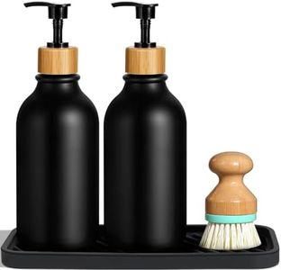 GMISUN Black Hand and Dish Soap Dispenser Set with Tray, 500 ML Plastic Kitchen Sink Soap Dispenser with Bamboo Dish Brush, Farmhouse Kitchen Washing Up Liquid Dispenser Bottle with Pump Bathroom