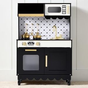 Best Choice Products Wooden Pretend Play Cottage Kitchen Kids Toy w/Storage, Scalloped Edge, 5 Accessories, Microwave, Oven, Clicking Knobs - Black
