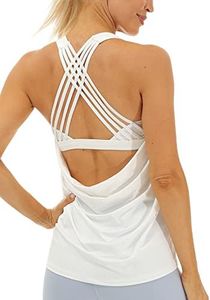 icyzone Women's Yoga Tops with Built in Bra Workout Gym Tank Tops Sports Vest, Off-white, M