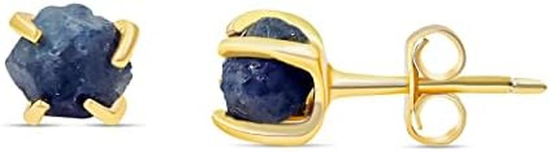 raw tiny sapphire stone stud earring 4-6mm solid 925 sterling silver over real yellow gold plated prong setting, September birthstone jewelry gift for her or him, uniquelan jewelry (blue-sapphire)