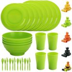 Evanda Plastic Dinnerware Set 28 Piece, Reusable Light Weight Mugs, Bowls, Dishes, Knives, Forks, Spoons for Camping Picnics and Everyday Use, Dishwasher Safe (Light Green)