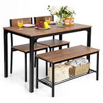 Giantex Dining Table Set for 4, Kitchen Table with Bench and Chairs, Industrial Gathering Bench Dining Set W/Metal Frame & Storage Rack, Dinette Set, Modern Functional Desk Set (Teak)