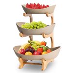 3 Tier Fruit Basket Ceramic Fruit Bowl Vegetable Storage with Bamboo Wood Porcelain Fruit Stand Storage Holder for Kitchen Counter Large Capacity Fruit Holder for Bread, Snack (Khaki)