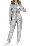 RISISSIDA Ski Suit Women One Piece Snow Suits Winter Outdoor Sports Waterproof Snowsuit with hood Fur Collar Silver 19008 M