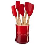 Le Creuset Revolution 6-Piece Silicone Kitchen Set with Wooden Hand and 1 Stoneware Utensil Crock - Cerise