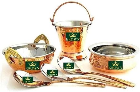 KROWN® Serving Set of Steel Copper Hammered Design Handi, Bucket, Kadhai & 3 Serving Spoon, 6 Pieces Set