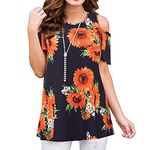 KCatsy Women Cold Shoulder Summer Top Flower Floral Sunflower Pattern Print Graphic Short Sleeve Loose T-Shirt Crew-Neck Blouse Elegant Casual Daily Shirt D Sunflower Black S 10