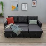 Panana Corner Sofa Bed, L-Shaped Sofa Corner Sofa, 3 Seater Pull out Sofa Bed with Storage Chaise, Convertible Click Clack Sofa Bed Settee Sectional Sofa, Black Faux Leather