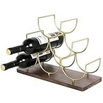 MyGift Brass-Tone Metal Wire Wine Rack with Natural Mango Wood Base, 6 Bottle Tabletop Wine Holder Stand - Made in India