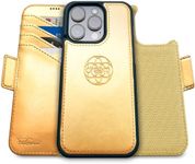 Dreem Fibonacci Compatible with iPhone 15 Pro Max Wallet case / 2-in-1 Shockproof case and Detachable Vegan Leather Folio, MagSafe Compatible, RFID Protection [Gold]