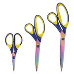 BambooMN Titanium Softgrip Scissors Set for Sewing Arts Crafts Office - Blue w/Yellow - 1 Set of 3