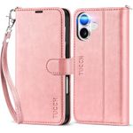 TUCCH Case Wallet for iPhone 16 5G, [Wrist Strap] [RFID Blocking] 4 Card Holder Stand [Shockproof TPU Interior Case] PU Leather Magnetic Protective Flip Cover Compatible with iPhone 16 6.1", Rose Gold