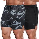 COOFANDY Men's 2 Pack Gym Workout Shorts Mesh Lightweight Bodybuilding Pants Training Running Sports Jogger with Pockets, Black/Grey Camo, Medium