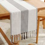 Rustic Farmhouse Table Runner 60 Iches Long Burlap Style 13“ x 60", Handmade Braided Table Runner with Tassels for Dining Party Holiday(Khaki)