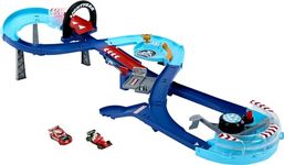 Mattel ​Disney and Pixar Cars Playset with 2 Toy Cars, Lightning McQueen & Francesco Bernoulli, GRC Jumping Raceway Track Set with Kid-Powered Booster