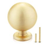 QOGRISUN 10-Pack Solid Brass Cabinet Knobs, Round Ball Gold Knobs for Dresser Drawer, 1.1-Inch Diameter, Sphere Cabinet Pulls, Brushed Brass Finish