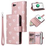 UEEBAI Wallet Case for iPhone SE 2022 5G/iPhone 7/iPhone 8/iPhone SE 2020, Premium PU Leather Magnetic Handbag Zipper Case Kickstand Card Slots Wrist Strap Flip Cover for iPhone SE3/SE2 - Rose Gold