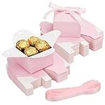 BELLE VOUS 60 Pcs Small Pink Kraft Gift Boxes with Ribbon - 6.5 x 6.5 x 4.5cm (2.55 x 2.55 x 1.77 inch) - Wedding Favour Paper Candy Kraft Boxes - Anniversary, Birthday Party, Bridal/Baby Shower