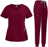 niaahinn Scrub Suit Set for Women Modern V-neck + Leg Drawstring Jogger Pants Medical Nursing Uniforms Set (Burgundy,Small)