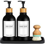 GMISUN Black Hand and Dish Soap Dispenser Set with Tray, 500 ML Plastic Kitchen Sink Soap Dispenser with Bamboo Dish Brush, Farmhouse Kitchen Washing Up Liquid Dispenser Bottle with Pump Bathroom