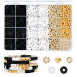 Kesaplan Friendship Bracelets Making Kit, Clay Beads Gold Spacer Beads with Clear Storage Box, Black/White Clay Beads for Bracelets Making Kit for Charm Heishi Beads DIY Bracelets Making (Style 1)