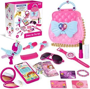 KAEGREEL Pretend Makeup for Girls, 17pcs Kids Makeup Kit with Purse, Include Keys & Play Phone with Sound, Makeup Toys Christmas Birthday for Girls Aged 3+ (Not Real Makeup)
