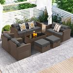 LOCCUS 7 Piece Outdoor Conversation Patio Furniture Set All Weather Wicker Sectional Couch Sofa with Center Table Ottoman for Garden, Terrace, Porch, Lawn, Backyard (Dark Brown & Grey)