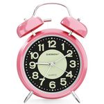 CHEREEKI Analogue Alarm Clock, No Ticking, Retro Double Bell Alarm Clock with Naghlight and Green Fluorescent Large Dial, Alarm Clock Loud for Deep Sleepers, Children, Seniors, Pink