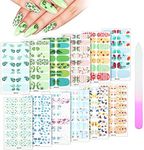 Maitys 168 Pieces 12 Sheets Nail Strips Summer Full Wrap Nail Polish Stickers Nail Wraps Self Adhesive Nail Art Decal Strip with Nail File Manicure Kits for Women DIY Nail