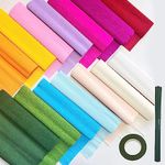 65pcs Crepe Paper Flower DIY Kits, 14 Rolls Rainbow Colors Crepe Paper Rolls 8ft Long 10 Inch Wide, 50 Pcs Green Floral Iron Wire and 1 Roll Green Tape for Birthday Party Wedding Festival Ornament