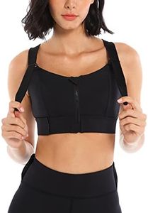 Women's Zip Front Sports Bra High Impact Support Wirefree Active Athletic Yoga Gym Bras Black, Large
